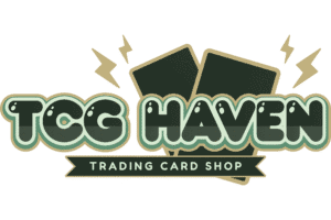 High-quality trading card shop logo for TCGHaven with gaming cards and lightning effects.