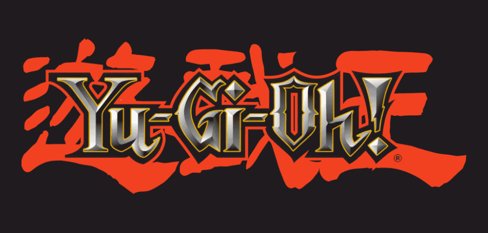Yugioh logo with bold stylised text on a red and black background.